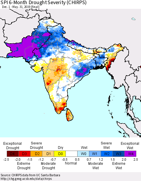 Southern Asia SPI 6-Month Drought Severity (CHIRPS) Thematic Map For 12/1/2018 - 5/31/2019
