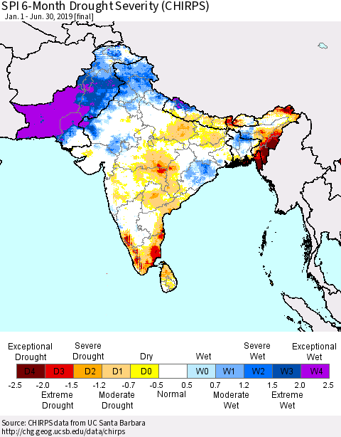 Southern Asia SPI 6-Month Drought Severity (CHIRPS) Thematic Map For 1/1/2019 - 6/30/2019