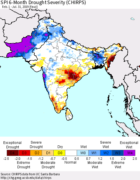 Southern Asia SPI 6-Month Drought Severity (CHIRPS) Thematic Map For 2/1/2019 - 7/31/2019