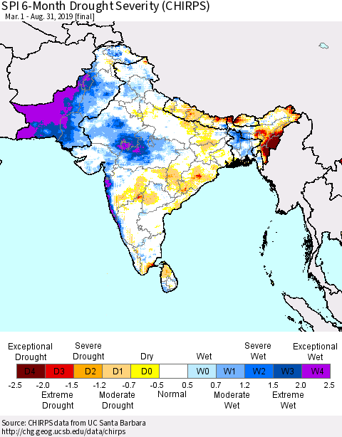 Southern Asia SPI 6-Month Drought Severity (CHIRPS) Thematic Map For 3/1/2019 - 8/31/2019
