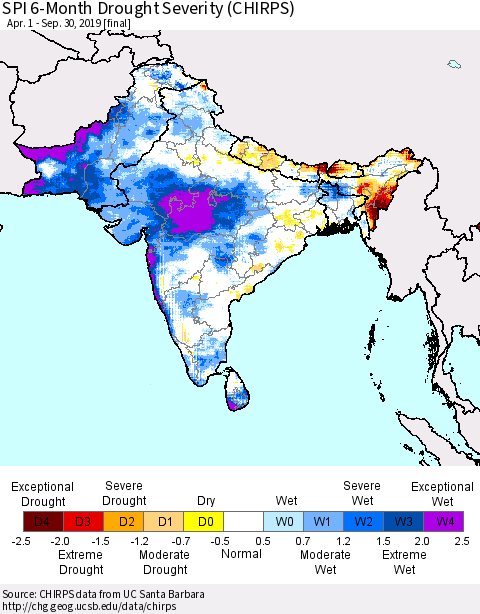 Southern Asia SPI 6-Month Drought Severity (CHIRPS) Thematic Map For 4/1/2019 - 9/30/2019
