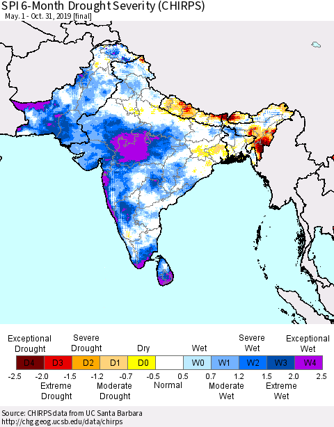 Southern Asia SPI 6-Month Drought Severity (CHIRPS) Thematic Map For 5/1/2019 - 10/31/2019