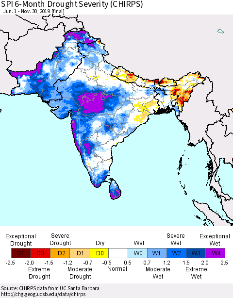 Southern Asia SPI 6-Month Drought Severity (CHIRPS) Thematic Map For 6/1/2019 - 11/30/2019