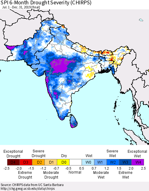 Southern Asia SPI 6-Month Drought Severity (CHIRPS) Thematic Map For 7/1/2019 - 12/31/2019