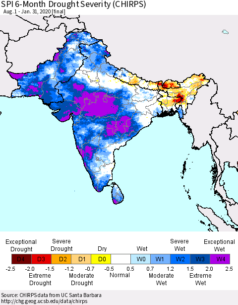 Southern Asia SPI 6-Month Drought Severity (CHIRPS) Thematic Map For 8/1/2019 - 1/31/2020
