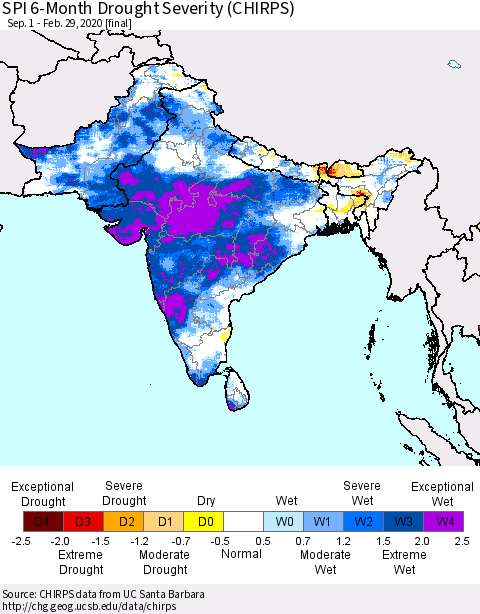 Southern Asia SPI 6-Month Drought Severity (CHIRPS) Thematic Map For 9/1/2019 - 2/29/2020