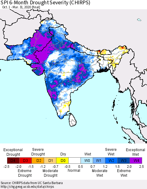 Southern Asia SPI 6-Month Drought Severity (CHIRPS) Thematic Map For 10/1/2019 - 3/31/2020