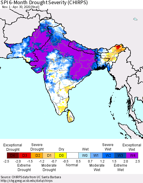 Southern Asia SPI 6-Month Drought Severity (CHIRPS) Thematic Map For 11/1/2019 - 4/30/2020