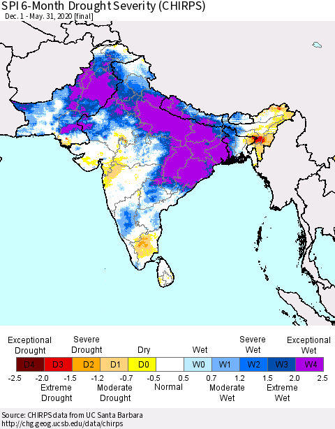 Southern Asia SPI 6-Month Drought Severity (CHIRPS) Thematic Map For 12/1/2019 - 5/31/2020