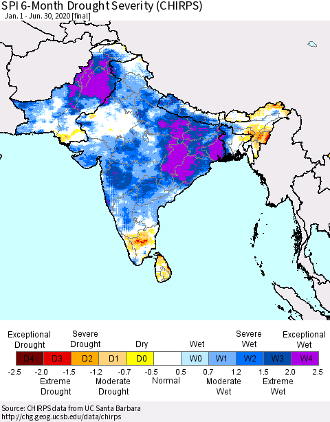 Southern Asia SPI 6-Month Drought Severity (CHIRPS) Thematic Map For 1/1/2020 - 6/30/2020