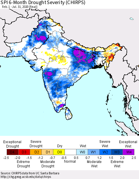 Southern Asia SPI 6-Month Drought Severity (CHIRPS) Thematic Map For 2/1/2020 - 7/31/2020