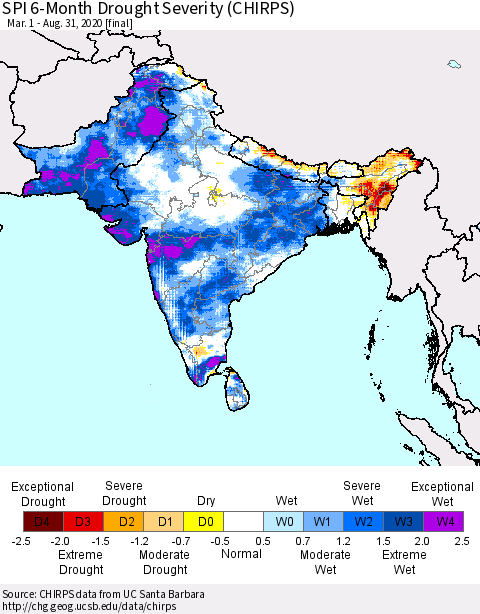 Southern Asia SPI 6-Month Drought Severity (CHIRPS) Thematic Map For 3/1/2020 - 8/31/2020