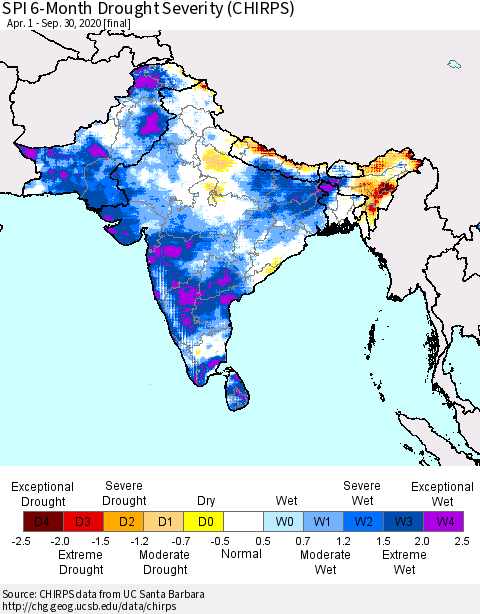 Southern Asia SPI 6-Month Drought Severity (CHIRPS) Thematic Map For 4/1/2020 - 9/30/2020