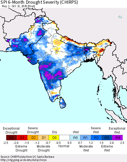 Southern Asia SPI 6-Month Drought Severity (CHIRPS) Thematic Map For 5/1/2020 - 10/31/2020