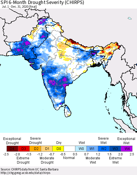 Southern Asia SPI 6-Month Drought Severity (CHIRPS) Thematic Map For 7/1/2020 - 12/31/2020