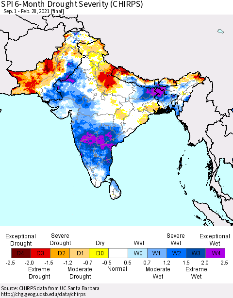 Southern Asia SPI 6-Month Drought Severity (CHIRPS) Thematic Map For 9/1/2020 - 2/28/2021