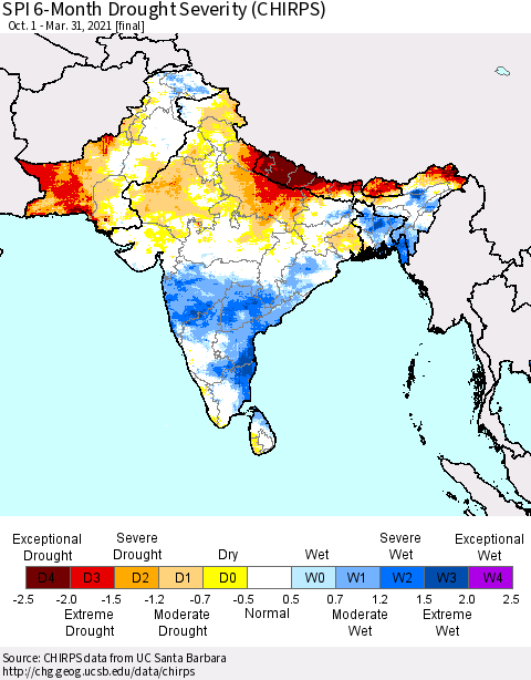 Southern Asia SPI 6-Month Drought Severity (CHIRPS) Thematic Map For 10/1/2020 - 3/31/2021
