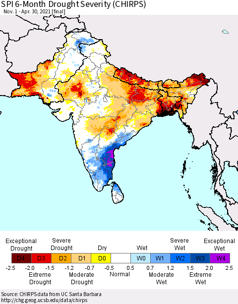 Southern Asia SPI 6-Month Drought Severity (CHIRPS) Thematic Map For 11/1/2020 - 4/30/2021