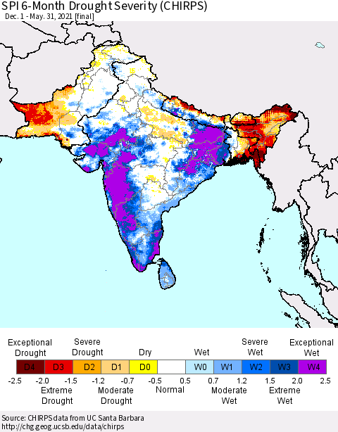 Southern Asia SPI 6-Month Drought Severity (CHIRPS) Thematic Map For 12/1/2020 - 5/31/2021