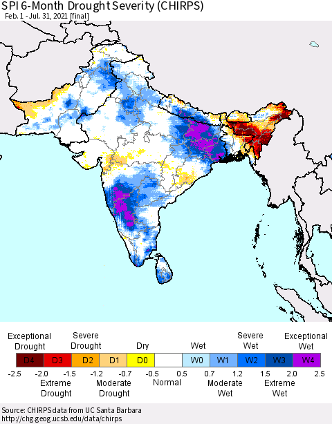 Southern Asia SPI 6-Month Drought Severity (CHIRPS) Thematic Map For 2/1/2021 - 7/31/2021