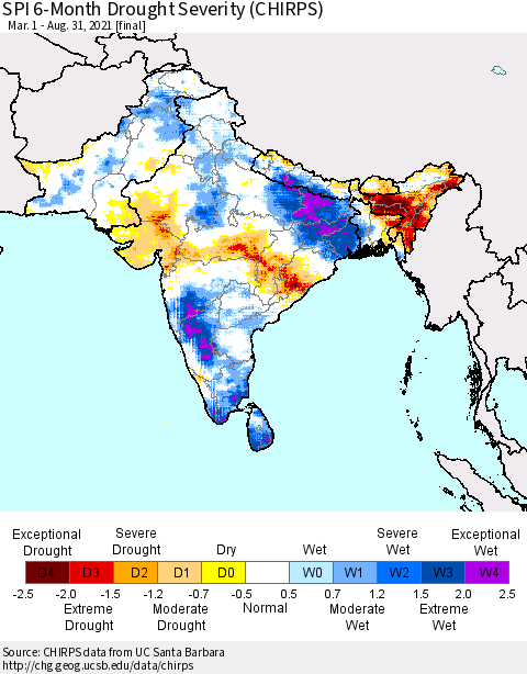 Southern Asia SPI 6-Month Drought Severity (CHIRPS) Thematic Map For 3/1/2021 - 8/31/2021