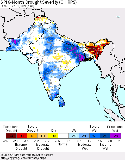Southern Asia SPI 6-Month Drought Severity (CHIRPS) Thematic Map For 4/1/2021 - 9/30/2021