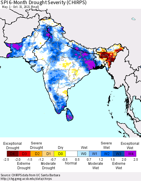 Southern Asia SPI 6-Month Drought Severity (CHIRPS) Thematic Map For 5/1/2021 - 10/31/2021