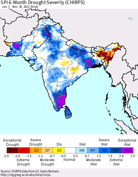 Southern Asia SPI 6-Month Drought Severity (CHIRPS) Thematic Map For 6/1/2021 - 11/30/2021