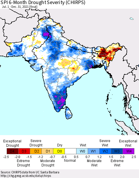 Southern Asia SPI 6-Month Drought Severity (CHIRPS) Thematic Map For 7/1/2021 - 12/31/2021