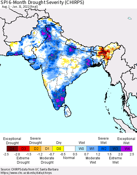 Southern Asia SPI 6-Month Drought Severity (CHIRPS) Thematic Map For 8/1/2021 - 1/31/2022