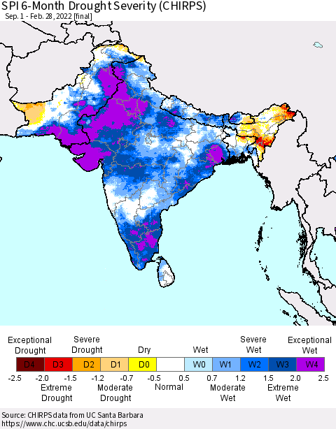 Southern Asia SPI 6-Month Drought Severity (CHIRPS) Thematic Map For 9/1/2021 - 2/28/2022