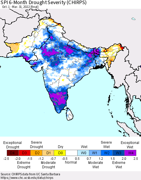 Southern Asia SPI 6-Month Drought Severity (CHIRPS) Thematic Map For 10/1/2021 - 3/31/2022