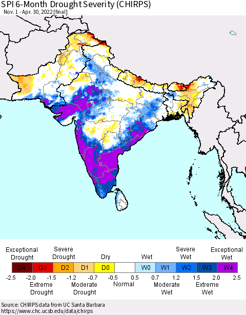 Southern Asia SPI 6-Month Drought Severity (CHIRPS) Thematic Map For 11/1/2021 - 4/30/2022