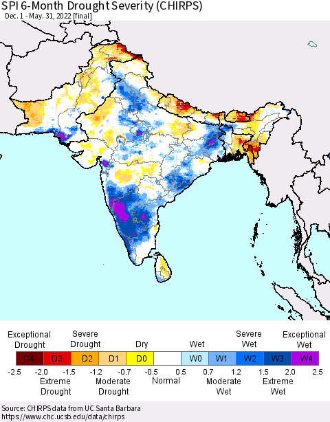 Southern Asia SPI 6-Month Drought Severity (CHIRPS) Thematic Map For 12/1/2021 - 5/31/2022