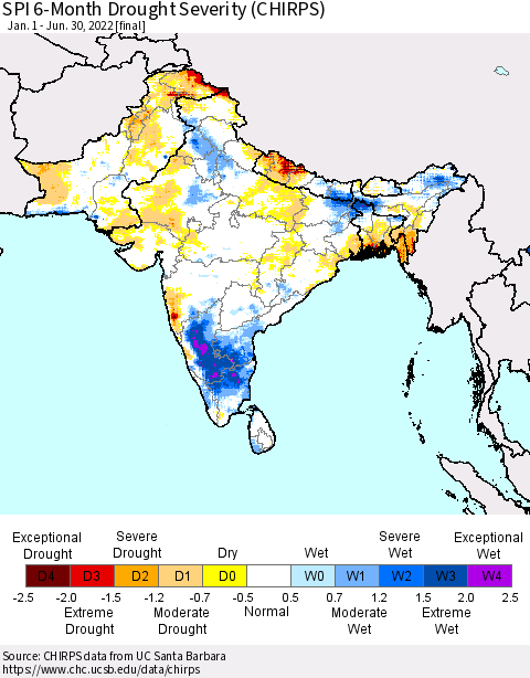 Southern Asia SPI 6-Month Drought Severity (CHIRPS) Thematic Map For 1/1/2022 - 6/30/2022