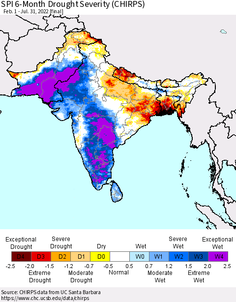 Southern Asia SPI 6-Month Drought Severity (CHIRPS) Thematic Map For 2/1/2022 - 7/31/2022