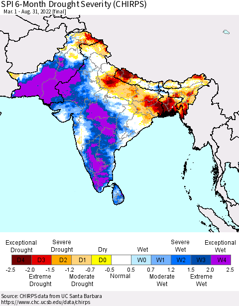 Southern Asia SPI 6-Month Drought Severity (CHIRPS) Thematic Map For 3/1/2022 - 8/31/2022