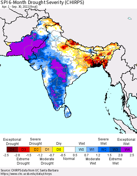 Southern Asia SPI 6-Month Drought Severity (CHIRPS) Thematic Map For 4/1/2022 - 9/30/2022