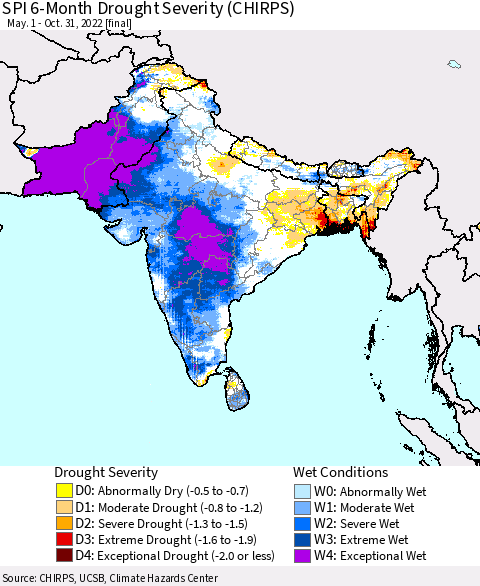 Southern Asia SPI 6-Month Drought Severity (CHIRPS) Thematic Map For 5/1/2022 - 10/31/2022
