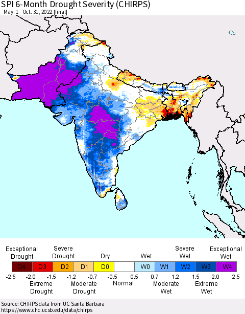 Southern Asia SPI 6-Month Drought Severity (CHIRPS) Thematic Map For 5/1/2022 - 10/31/2022