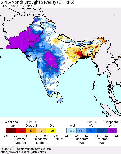 Southern Asia SPI 6-Month Drought Severity (CHIRPS) Thematic Map For 6/1/2022 - 11/30/2022
