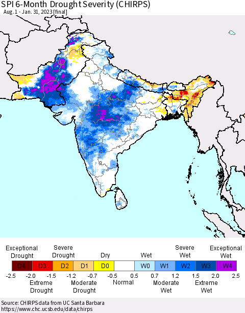 Southern Asia SPI 6-Month Drought Severity (CHIRPS) Thematic Map For 8/1/2022 - 1/31/2023
