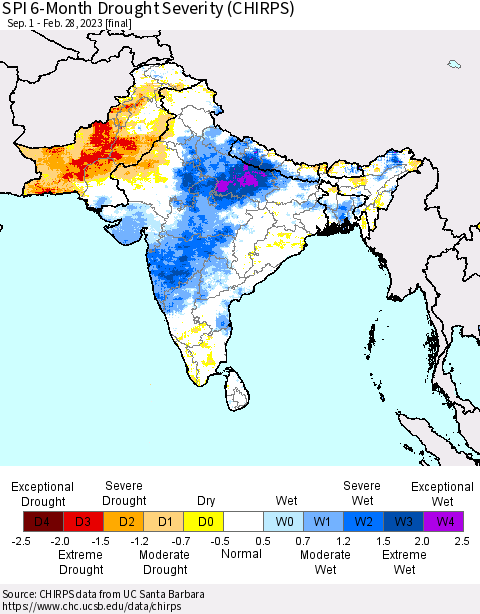 Southern Asia SPI 6-Month Drought Severity (CHIRPS) Thematic Map For 9/1/2022 - 2/28/2023