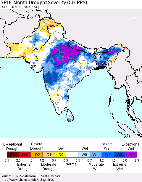 Southern Asia SPI 6-Month Drought Severity (CHIRPS) Thematic Map For 10/1/2022 - 3/31/2023