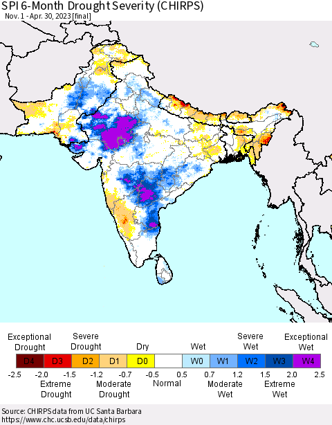 Southern Asia SPI 6-Month Drought Severity (CHIRPS) Thematic Map For 11/1/2022 - 4/30/2023