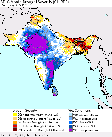 Southern Asia SPI 6-Month Drought Severity (CHIRPS) Thematic Map For 12/1/2022 - 5/31/2023