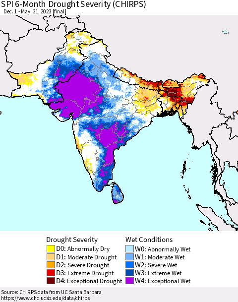 Southern Asia SPI 6-Month Drought Severity (CHIRPS) Thematic Map For 12/1/2022 - 5/31/2023