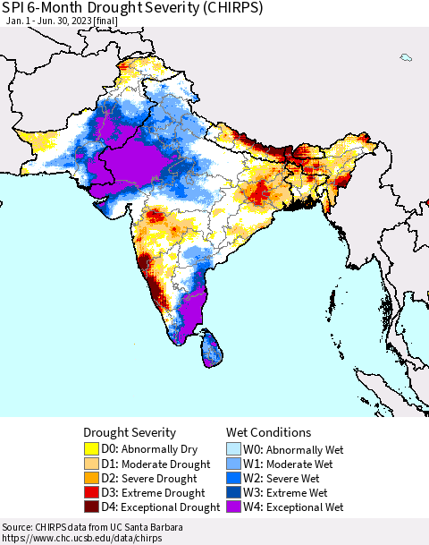 Southern Asia SPI 6-Month Drought Severity (CHIRPS) Thematic Map For 1/1/2023 - 6/30/2023