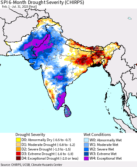 Southern Asia SPI 6-Month Drought Severity (CHIRPS) Thematic Map For 2/1/2023 - 7/31/2023