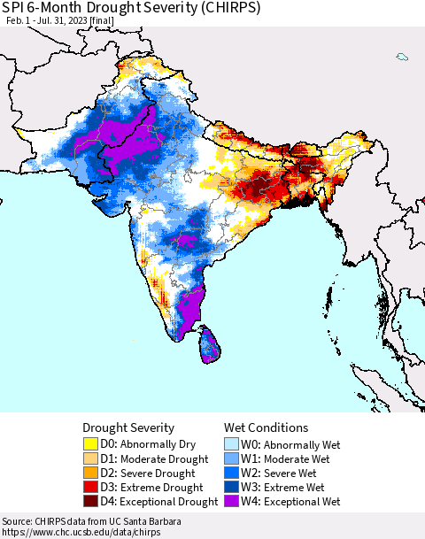 Southern Asia SPI 6-Month Drought Severity (CHIRPS) Thematic Map For 2/1/2023 - 7/31/2023